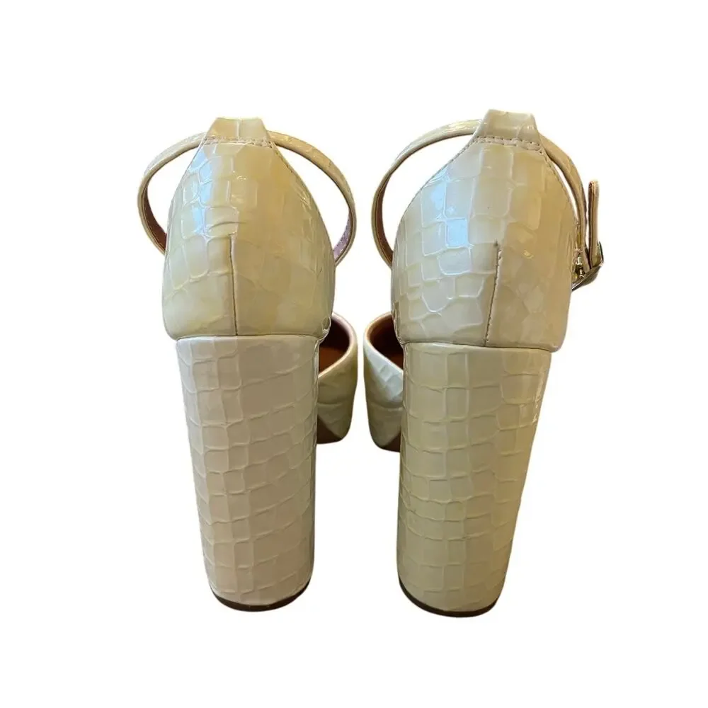 Asos 8 Platform Square Toe Mary Janes Embossed Croc Leather Chunky Heels Cream - Picture 4 of 7